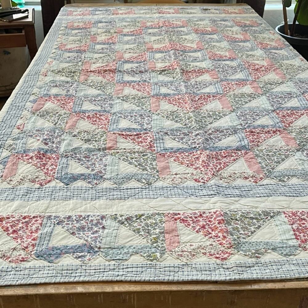 Antique Flour Sack Blue Red Patchwork Handmade Quilt 79" x 61" Hand Quilted